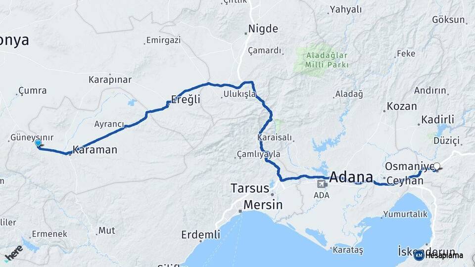 Karaman Kazımkarabekir Osmaniye Arası Kaç Km - Yol Haritası