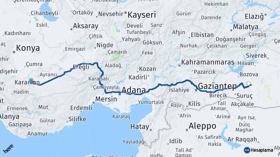 Karaman Kazımkarabekir Şanlıurfa Arası Kaç Km - Yol Haritası