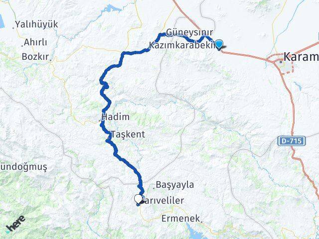 Karaman Kazımkarabekir Sarıveliler Arası Kaç Km - Yol Haritası