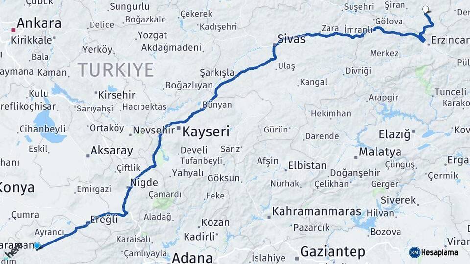 Karaman Kelkit Gümüşhane Arası Kaç Km - Yol Haritası
