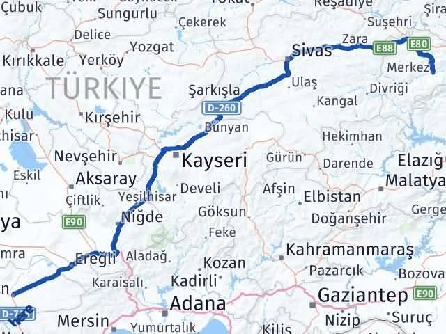 Karaman Kemah Erzincan Arası Kaç Km - Yol Haritası