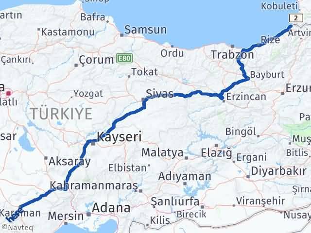Karaman Kemalpaşa Artvin Arası Kaç Km - Yol Haritası