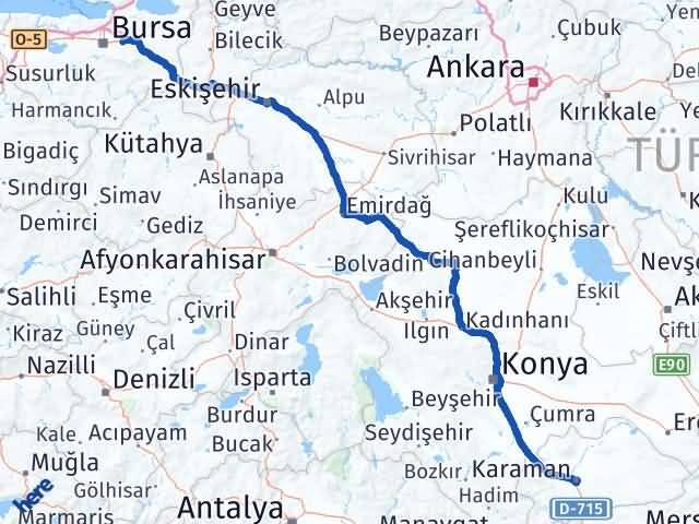 Karaman Kestel Bursa Arası Kaç Km - Yol Haritası