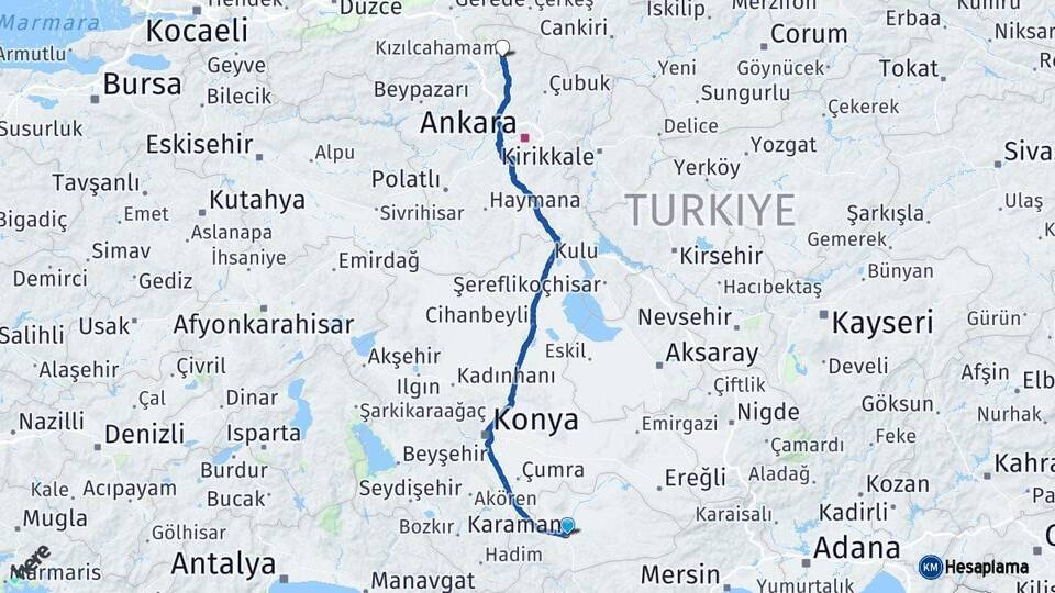 Karaman Kızılcahamam Ankara Arası Kaç Km - Yol Haritası