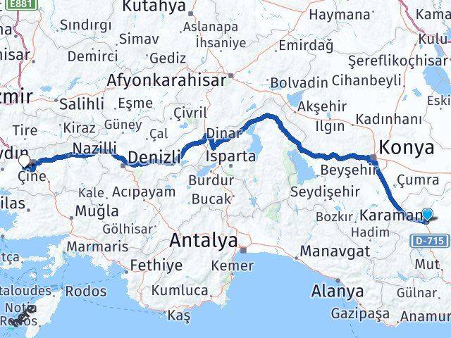Karaman Koçarlı Aydın Arası Kaç Km - Yol Haritası