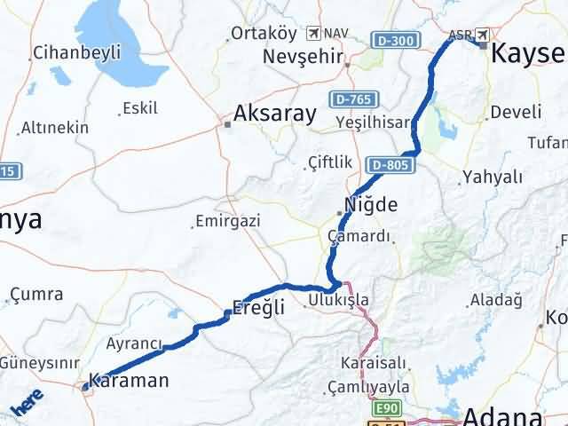 Karaman Kocasinan Kayseri Arası Kaç Km - Yol Haritası