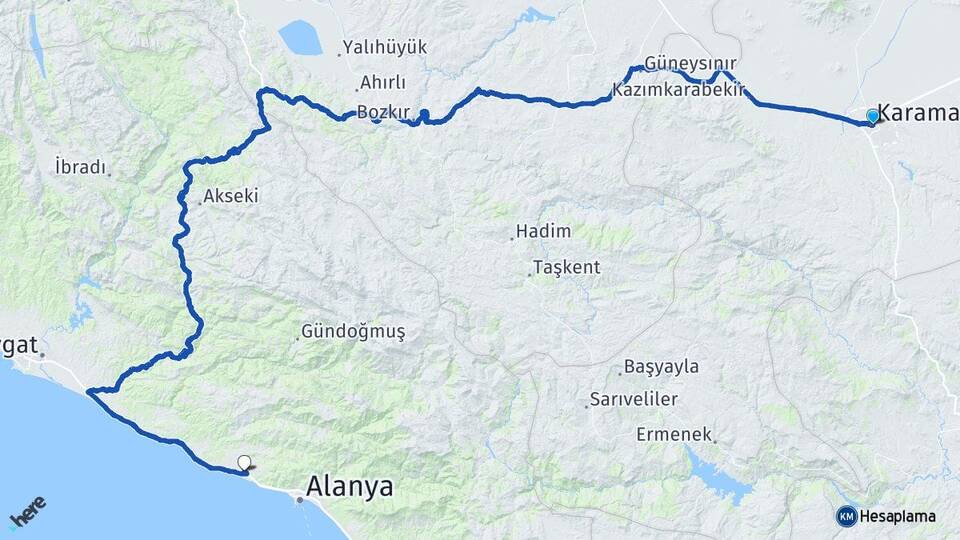 Karaman Konaklı Alanya Antalya Arası Kaç Km - Yol Haritası