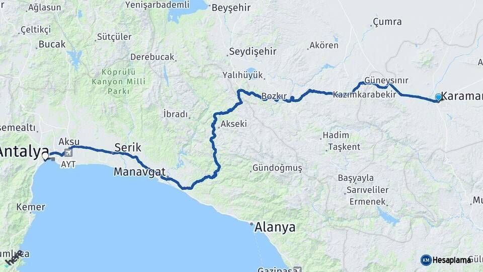 Karaman Konyaaltı Antalya Arası Kaç Km - Yol Haritası