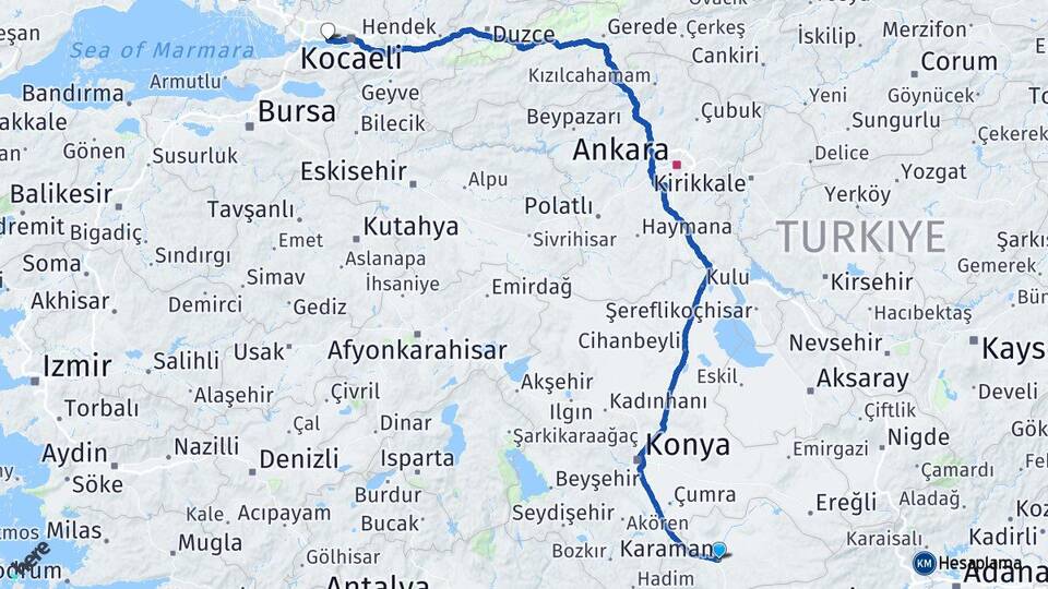 Karaman Körfez Kocaeli Arası Kaç Km - Yol Haritası