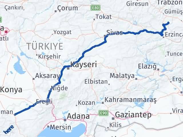 Karaman Köse Gümüşhane Arası Kaç Km - Yol Haritası