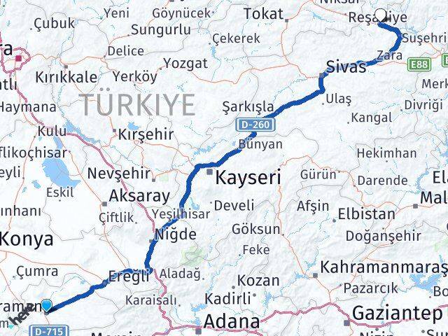 Karaman Koyulhisar Sivas Arası Kaç Km - Yol Haritası