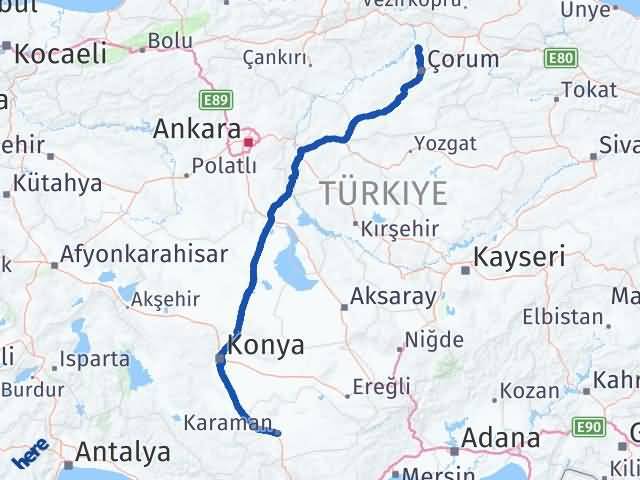 Karaman Laçin Çorum Arası Kaç Km - Yol Haritası