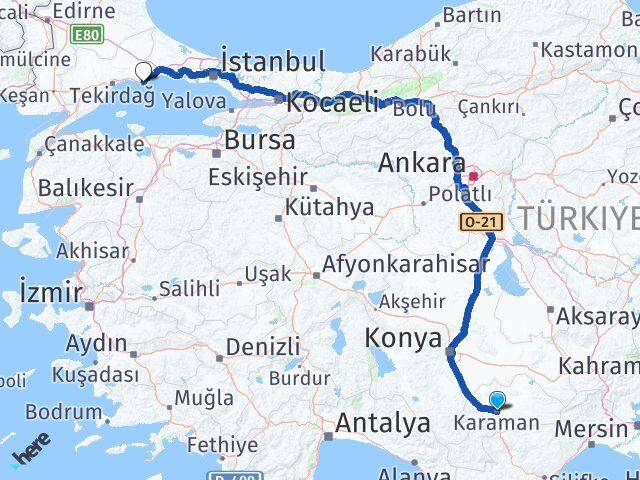 Karaman Marmaraereğlisi Tekirdağ Arası Kaç Km - Yol Haritası