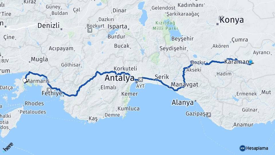 Karaman Marmaris Muğla Arası Kaç Km - Yol Haritası