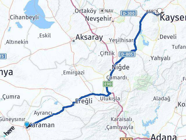 Karaman Melikgazi Kayseri Arası Kaç Km - Yol Haritası