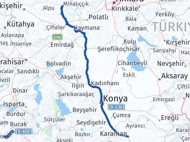 Karaman Mihalıççık Eskişehir Arası Kaç Km - Yol Haritası
