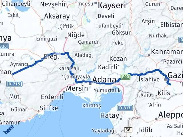 Karaman Oğuzeli Gaziantep Arası Kaç Km - Yol Haritası