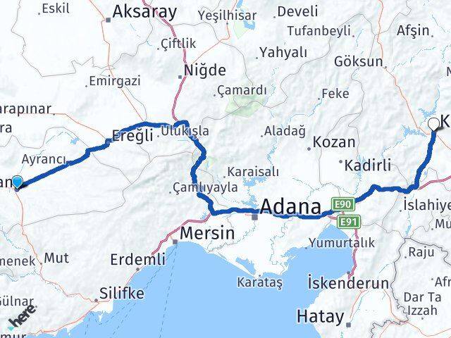 Karaman Onikişubat Kahramanmaraş Arası Kaç Km - Yol Haritası