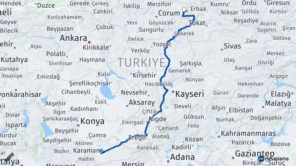 Karaman Organize Sanayii Bölgesi Arası Kaç Km - Yol Haritası