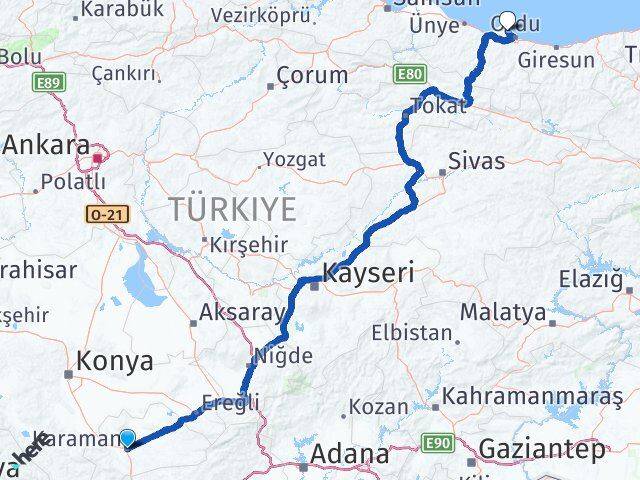 Karaman Perşembe Ordu Arası Kaç Km - Yol Haritası