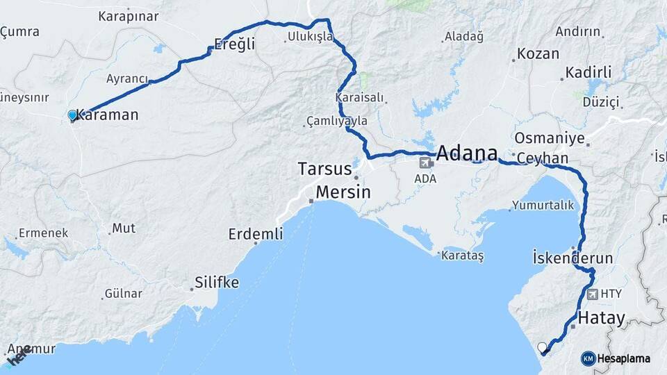 Karaman Samandağ Hatay Arası Kaç Km - Yol Haritası