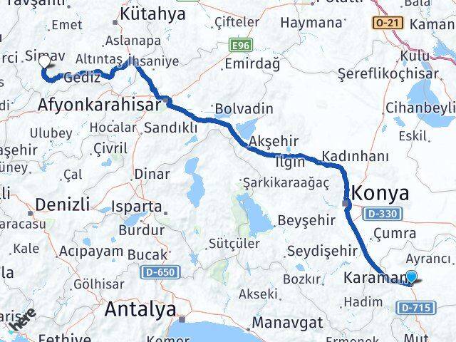 Karaman Şaphane Kütahya Arası Kaç Km - Yol Haritası