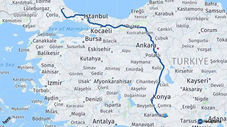 Karaman Saray Tekirdağ Arası Kaç Km - Yol Haritası