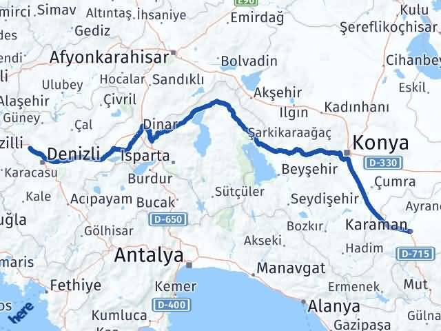 Karaman Sarayköy Denizli Arası Kaç Km - Yol Haritası