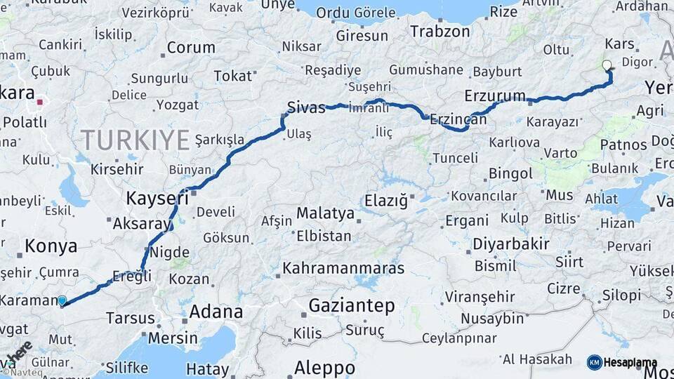 Karaman Sarıkamış Kars Arası Kaç Km - Yol Haritası