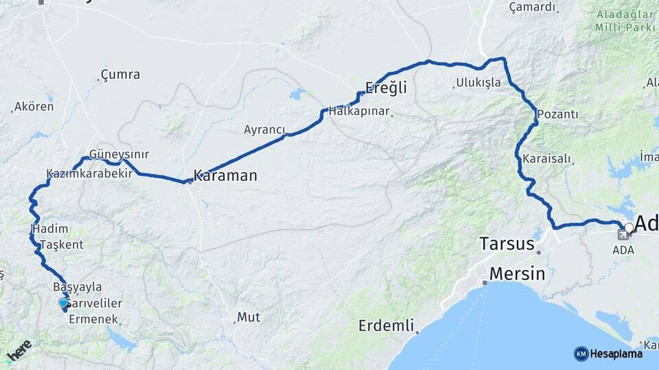 Karaman Sarıveliler Adana Arası Kaç Km - Yol Haritası