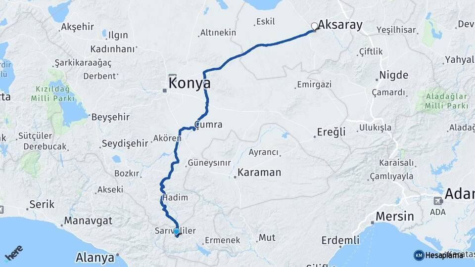 Karaman Sarıveliler Aksaray Arası Kaç Km - Yol Haritası
