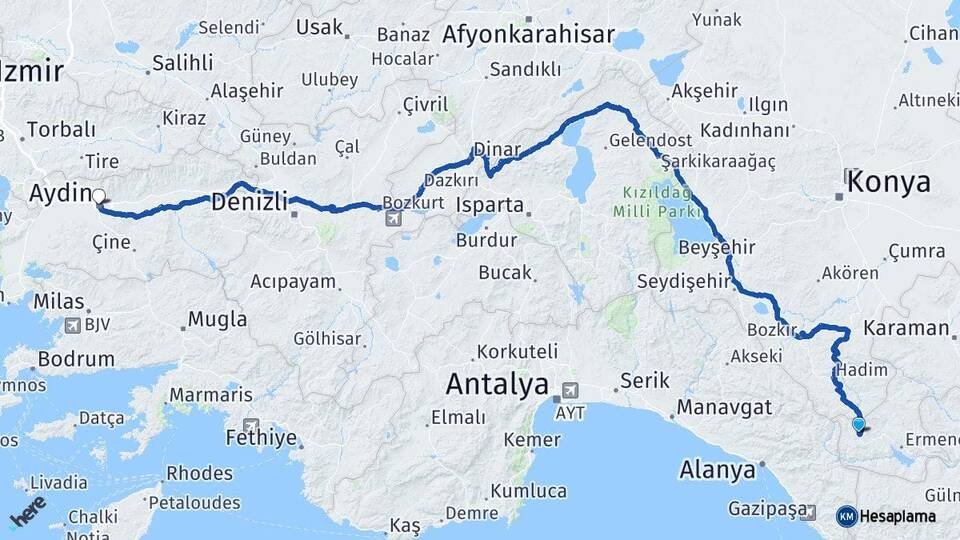 Karaman Sarıveliler Aydın Arası Kaç Km - Yol Haritası