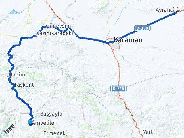 Karaman Sarıveliler Ayrancı Arası Kaç Km - Yol Haritası