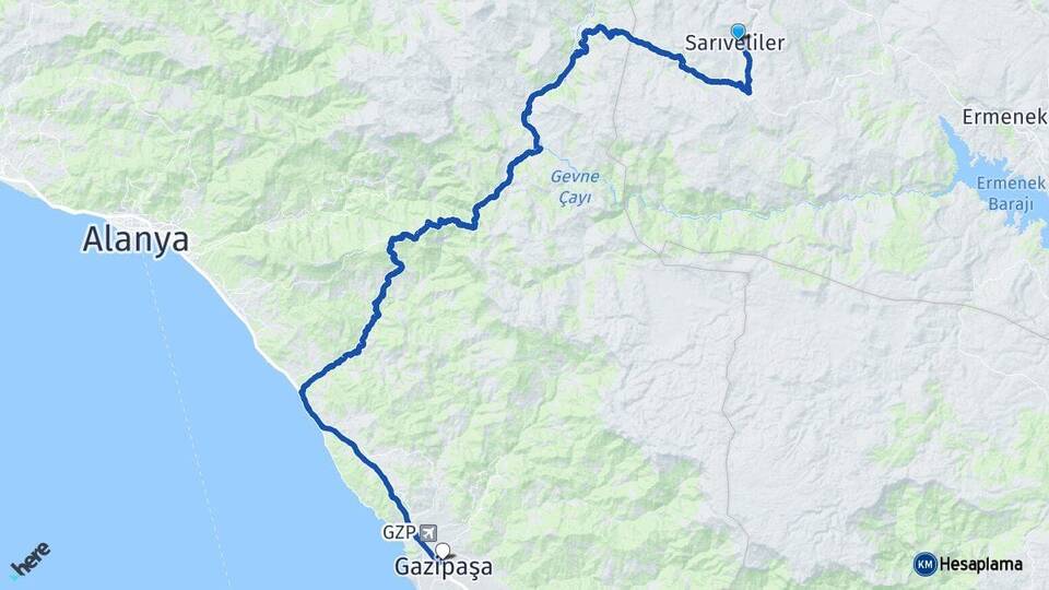Karaman Sarıveliler Gazipaşa Antalya Arası Kaç Km - Yol Haritası