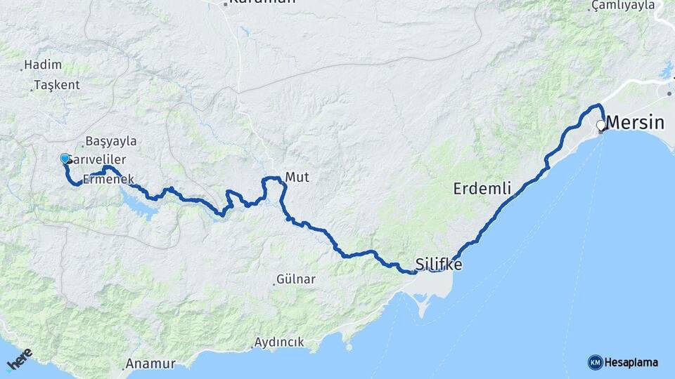 Karaman Sarıveliler Mersin Arası Kaç Km - Yol Haritası