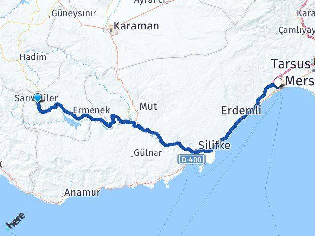 Karaman Sarıveliler Yenişehir Mersin Arası Kaç Km - Yol Haritası