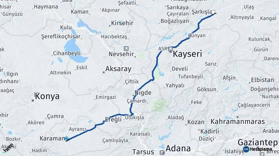 Karaman Şarkışla Sivas Arası Kaç Km - Yol Haritası