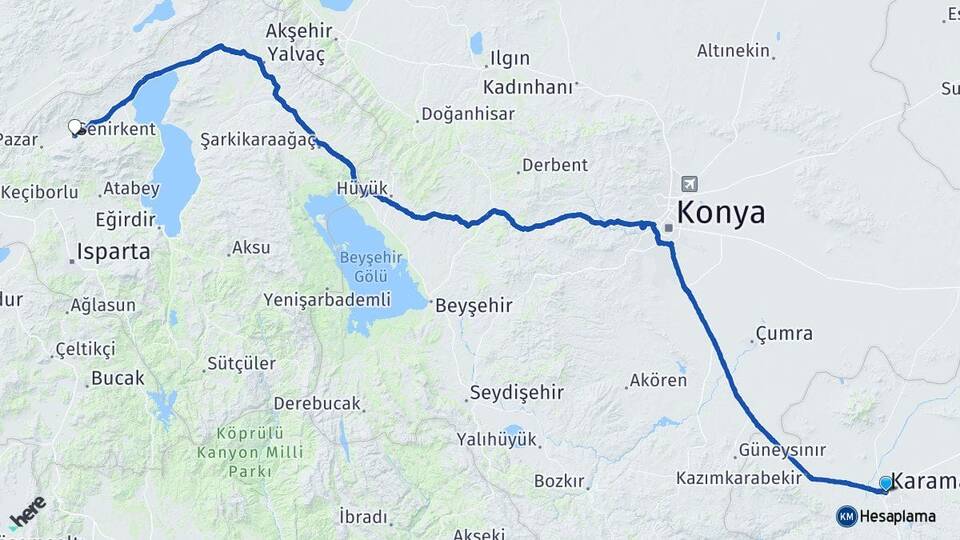Karaman Senirkent Isparta Arası Kaç Km - Yol Haritası