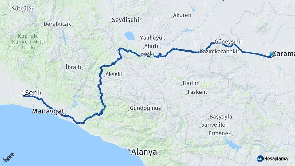 Karaman Serik Antalya Arası Kaç Km - Yol Haritası