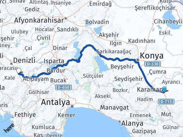 Karaman Serinhisar Denizli Arası Kaç Km - Yol Haritası