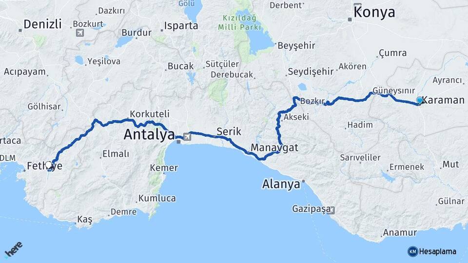 Karaman Seydikemer Muğla Arası Kaç Km - Yol Haritası