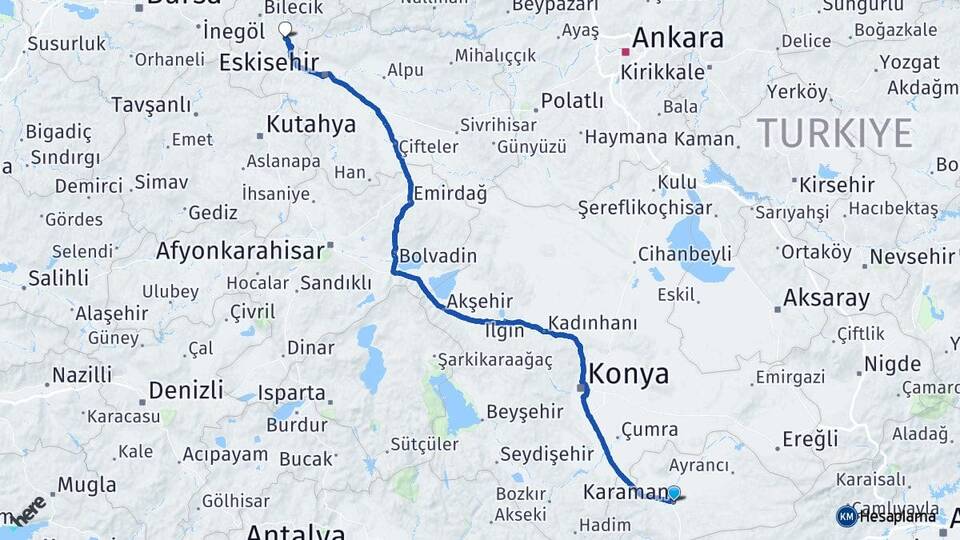Karaman Söğüt Bilecik Arası Kaç Km - Yol Haritası