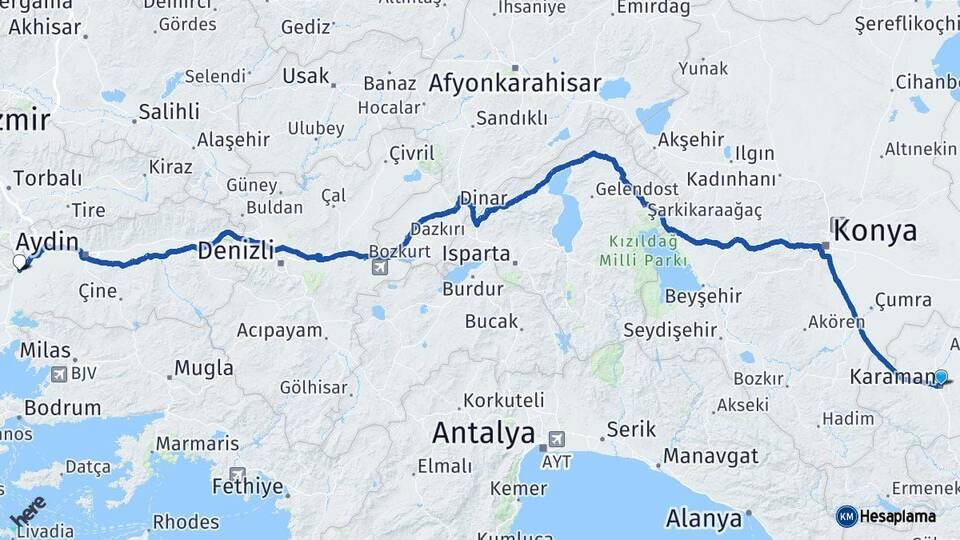 Karaman Söke Aydın Arası Kaç Km - Yol Haritası