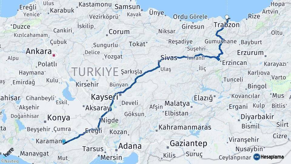 Karaman Trabzon Arası Kaç Saat? Yol Haritası, Yakıt, Rota ve Mesafe Hesaplama Karaman Trabzon Arası Kaç Km? Kaç Saat? Yol Haritası