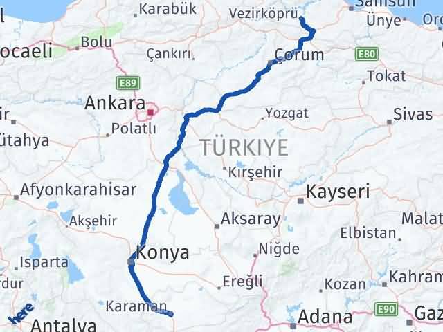 Karaman Vezirköprü Samsun Arası Kaç Km - Yol Haritası