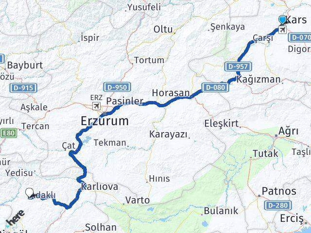 Kars Adaklı Bingöl Arası Kaç Km - Yol Haritası
