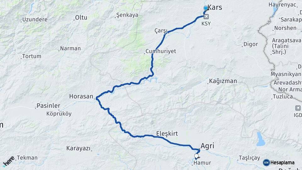 Kars Ağrı Havalimanı Arası Kaç Km - Yol Haritası