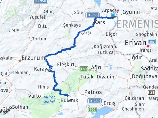 Kars Akyaka Adalar Malazgirt Muş Arası Kaç Km - Yol Haritası