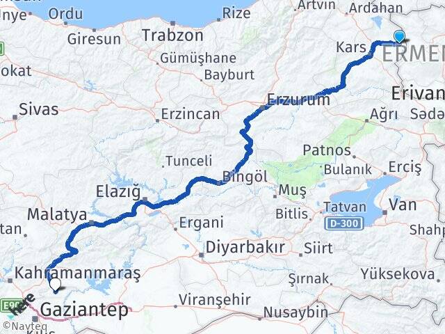 Kars Akyaka Araban Gaziantep Arası Kaç Km - Yol Haritası
