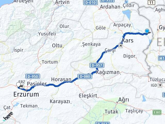 Kars Akyaka Aziziye Erzurum Arası Kaç Km - Yol Haritası